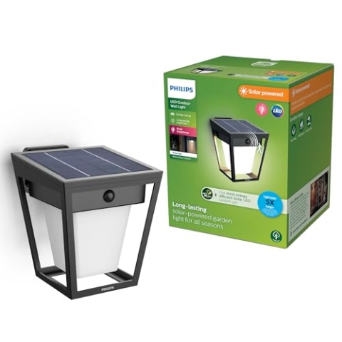 PHILIPS Nissa ultraeffiziente Solar-Wandleuchte für den Außenbereich mit Sensor, 3000K weißes Licht, 250/25lm, Schwarz