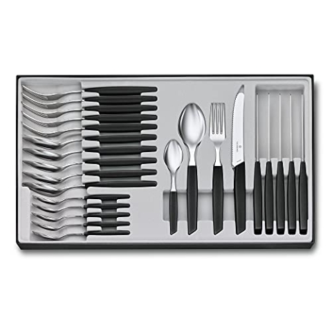 VICTORINOX Swiss Modern Besteck-Set für 6 Personen, 24-teilig, Inkl. Scharfe Messer mit Wellenschliff, Kunststoffgriffe, Schwarz