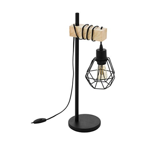 EGLO Tischleuchte Townshend 5, 1 flammige Vintage Tischlampe im Industrial Design, Retro Lampe, Nachttischlampe aus Stahl, Holz, Farbe: Schwarz, braun, Fassung: E27, inkl. Schalter