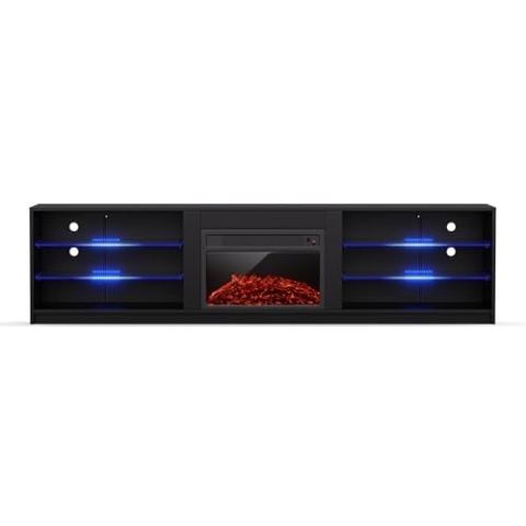 blumfeldt TV Board, Wohnzimmer Möbel für TV, 160 cm Fernsehschrank mit Elektrokamin, Großes TV-Lowboard, Niedrige TV-Schränke mit Farbigen LEDs, Schrank für Fernseher, TV-Schrank Modern, Schwarz