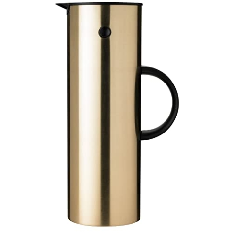 Stelton Isolierkanne EM77 - Doppelwandige Isolierkanne für heiße/kalte Getränke - Tee- & Kaffeekanne mit Glaseinsatz, Magnetverschluss, Schraubdeckel, Vintage-Design - 1 Liter, Brushed Brass