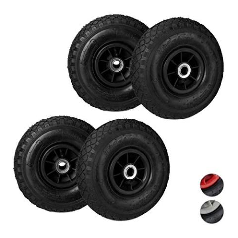 Relaxdays 4 x Sackkarrenrad 3.00-4 im Set, Ersatzreifen, luftbereift, bis 80 kg, Kunststofffelge, 260x85 mm, Luftrad, schwarz