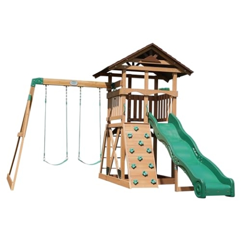 Backyard Discovery Spielturm Lightning Ridge aus Holz | XXL-Kinderspielhaus mit Doppelschaukel/Rutsche/Kletterwand/Leiter/Sandkasten/Zubehör inklusive | Stelzenhaus für den Garten
