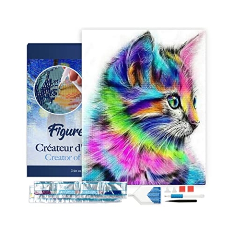 Figured'Art Diamond Painting Erwachsene 40x50cm Mit Rahmen Ganze Leinwand gespannt Bunte Kätzchen 5D Bilder Eckige Steine - DIY Set Basteln