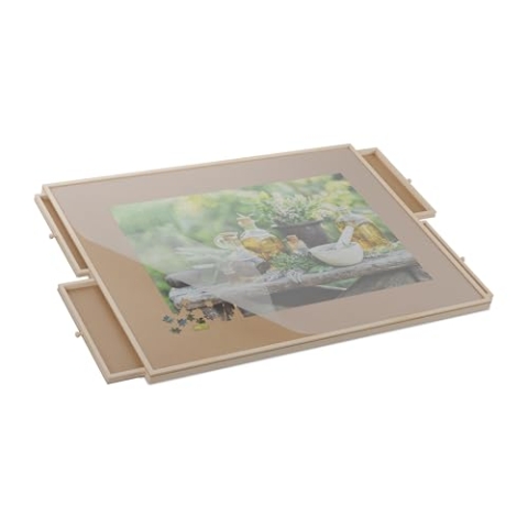 Relaxdays Puzzlebrett mit 4 Schubladen, Puzzle bis 1500 Teile, neigbar, drehbar, Holz Puzzlematte, Puzzleplateau, Natur