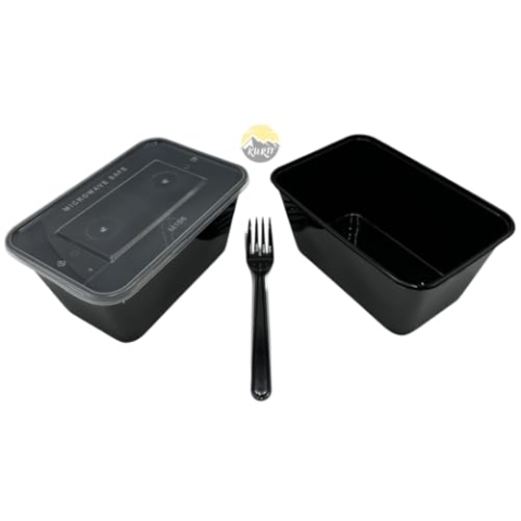 KURTT - Mikrowellenschalen mit Deckel - Meal Prep Behälter - 1000ml - schwarz - 100 Stück - wiederverwendbare Gabeln 19cm - 100 Stück - bpa frei - reusable - spülmaschinenfest
