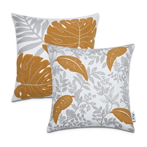 Paco Home Kissenbezug Deko Kissenhülle Bezug Kissenbezüge Zierkissen 2er Set Sofa Zierkissen Wohnzimmer Blätter Skandi, Farbe:Gelb, Sets:2pcs-Set