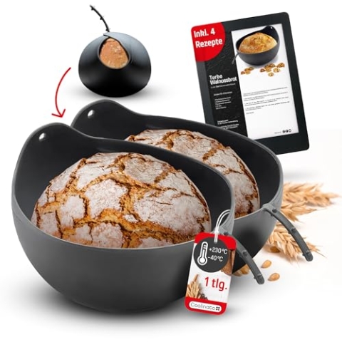 Coolinato – Silikonform 3 in 1 Universalschüssel 24 cm 2er Set – Teigschüssel, Gärkörbchen und Brotbackform in einem - BPA-Frei & Backofenfest bis 230°C - Ideal zum Mixen & Brotbacken - Grau