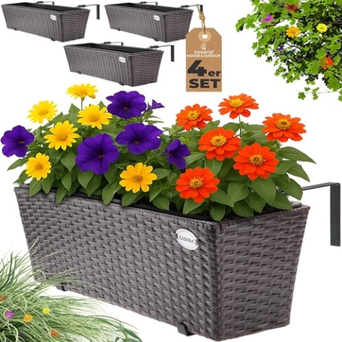 Casaria® Blumenkasten 4er Set 11 Liter Montagehalterung Indoor Outdoor Geländerkasten Balkonkasten Pflanzkasten braun