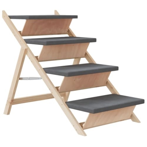 vidaXL Hundetreppe, Klappbar Hunderampe mit 4 Stufen, rutschfest Haustiertreppe Leiter für Sofa Bett, Katzentreppe Hundeleiter, Grau Massivholz Tanne