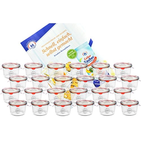 MamboCat 24er Set Weckgläser 80 ml Sturzglas mit Deckel Einkochring Klammern I Original Weck Sturzgläser I Einweckgläser für Kuchen Gelees UVM I inkl. Diamant-Zucker Gelierzauber Rezeptheft