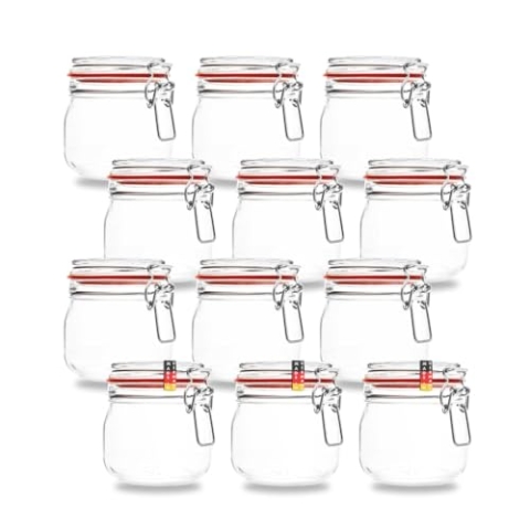 Flaschenbauer- 12 Drahtbügelgläser 634ml verwendbar als Einmachglas und Fermentierglas, zu Aufbewahrung, Gläser zum Befüllen, leere Gläser mit Drahtbügel - made in Germany