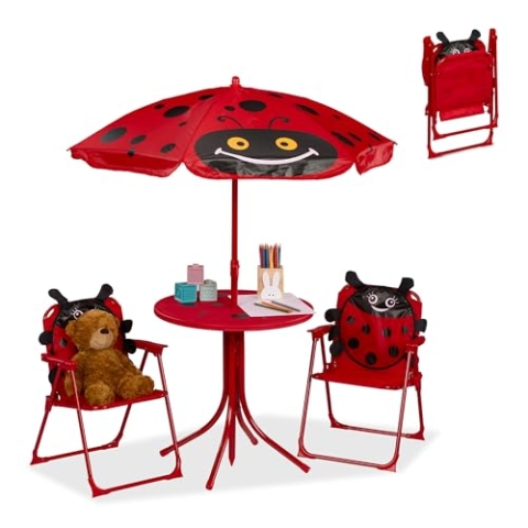 relaxdays Camping Kindersitzgruppe, Marienkäfer Motiv, Kindersitzgarnitur mit Sonnenschirm, Klappstühlen & Tisch, rot