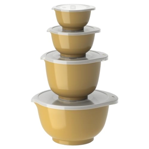Rosti Margrethe Schüssel Set, Rührschüssel Set, 8-Teilig mit 4 Rührschüsseln und 4 Deckel, Teigschüssel aus Recycelbarem Kunststoff, 0,25 Liter, 0,5 Liter, 1,5 Liter und 3 Liter, Curry