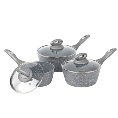 Salter BW02986G Kochtopf Set - Dauerhaft antihaft Kochgeschirr Set mit Glasdeckel, 3 teilig Kochpfannen, 16/18/20 cm, Spülmaschinenfest Induktions kochtopf, Marblestone Topfset/Pfannenset, PFOA-frei