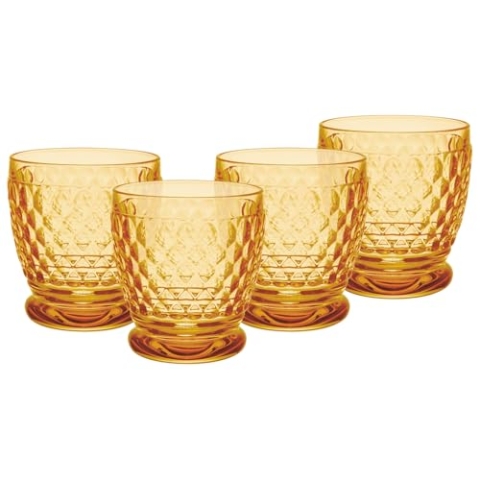 Villeroy & Boch Boston Saffron Becher 4er Set, 330 ml, Farbige Trinkgläser mit Facettenmuster, Becher aus Kristallglas für Heiß- und Kaltgetränke, Spülmaschinengeeignet, Gelb
