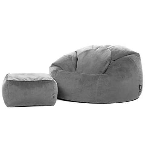 Icon Kingston Sitzsack mit Hocker Samt, Dunkelgrau, Sitzsack Erwachsene mit Füllung, Bean Bag, Samt Sessel, Lounge Sessel, Lounge Stuhl, Schlafzimmer, Wohnzimmer, Wohnzimmer Möbel
