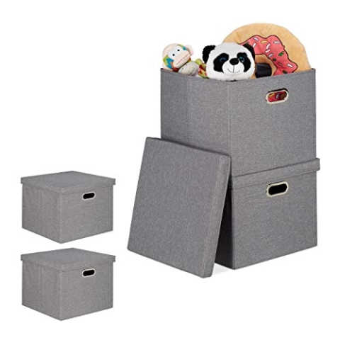 Relaxdays 4 x Aufbewahrungsbox, Faltbare Ordnungsbox mit Deckel, je 51 l, Faltbox quadratisch, 34 x 43 x 43 cm, Stoffboxen, grau