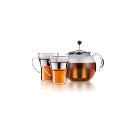 Bodum K1801-16CAR ASSAM SET Teekanne mit Deckel und Edelstahlfilter, 1,0 l, mit 2 Glasbechern Henkel Edelstahl, 0,35 l