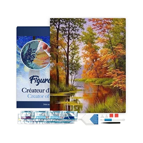 Figured'Art Diamond Painting Erwachsene 40x50cm Mit Rahmen Ganze Leinwand gespannt See im Herbst 5D Bilder Eckige Steine - DIY Set Basteln