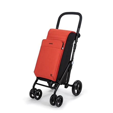 Carlett - Einkaufswagen, Faltbarer Supermarkt-Trolley, mit 4 regenfesten Rädern und einem großen Fassungsvermögen von 25kg, Haupttasche 50L, Thermotasche 10L und Hecktasche - Farbe Orange
