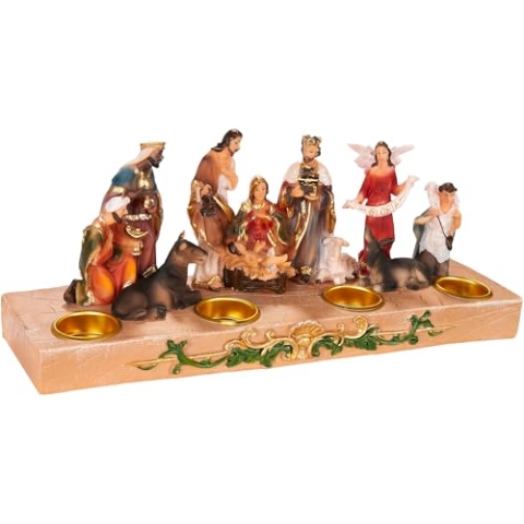 BRUBAKER Krippenfigur Kerzenhalter - Weihnachtskrippe für Kerzen mit 3 cm Ø - 29 cm Tischkrippe Weihnachtsfigur mit handbemalten Figuren Jesus, Maria, Josef und Könige - Adventskerzen Halter