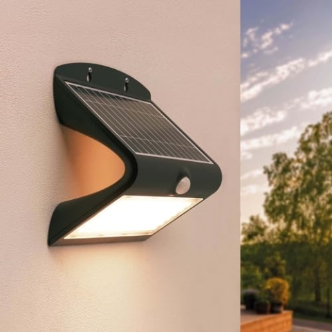 Ledvion Moderne Solar-Wandleuchte mit Bewegungssensor, Schwarz, 8W, 3000K, IP65 Wasserdicht & 220 Lumen, Bewegungserkennung & Dämmerungsschalter, Energieeffizient & Wetterfest