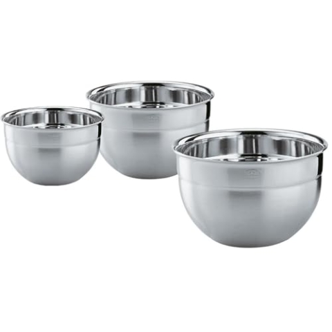 RÖSLE Schüssel-Set 3-tlg., Hochwertige, formschöne und hohe, zur Zubereitung und Aufbewahrung von Speisen, Edelstahl 18/10, Spülmaschinengeeignet, Ø 16, 20 und 24 cm, Silber