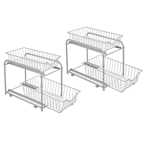 SONGMICS Küchen-Organizer 2er Set, Küchenregal, Ordnungssystem, jeweils 2 Ebenen, stapelbar, erweiterbar, mit Metallkörben, für Küche, Badezimmer, taubengrau KCS017E02V1