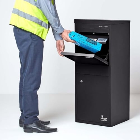 SMART PARCEL BOX Paketbox draußen, Standbriefkasten mit Paketfach, Paketbriefkasten XXL, große Postbox für Pakete Outdoor, Paketkasten Entnahme hinten & vorne, rostfrei, verzinkter Stahl, schwarz