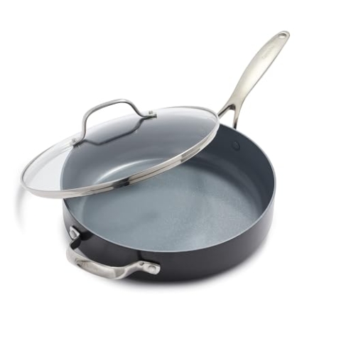 GreenPan Valencia Pro Harteloxierte Gesunde Keramik Antihaft 28 cm/4,2 Liter Schmorpfanne mit Deckel, PFAS-frei, Induktion, spülmaschinenfest, Backofenfest, Grau