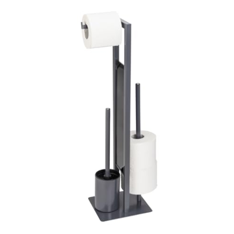 WENKO Stand WC-Garnitur Mod. Rivalta freistehend mit Toilettenpapier- und Ersatzrollenhalter WC-Bürste und Toilettenbürstenhalter matt lackierter Stahl Trennplatte aus Sicherheitsglas 18x70x23 cm Grau