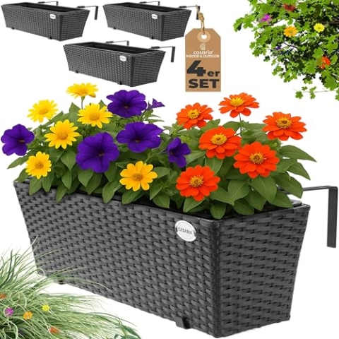 Casaria® Blumenkasten 4er Set 11 Liter Montagehalterung Indoor Outdoor Geländerkasten Balkonkasten Pflanzkasten schwarz