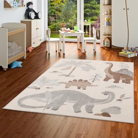 Pergamon Kinder Teppich Weich Kinderzimmer Softstar Kids Dinowelt Grau Creme in 5 Größen