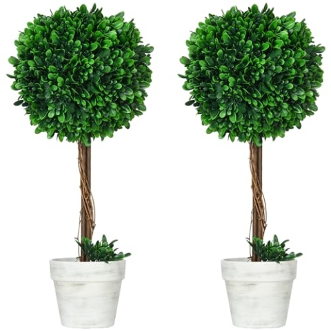HOMCOM 2er-Set Künstlicher Buchsbaum groß 60 cm, Kunstpflanze UV-beständig, Plastik Künstliche Pflanzen im Topf, Kunstbaum, Fake Plant wie echt für Wohnzimmer Schlafzimmer Büro Garten Deko Geschenk