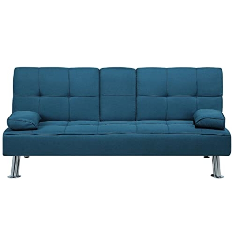 Beliani 3-Sitzer Schlafsofa Stoffbezug blau mit integriertem Tisch Klapparmlehne Roxen