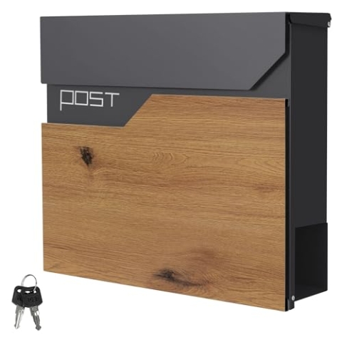 ML-Design Briefkasten Anthrazit-Holzoptik Edelstahl pulverbeschichtet, 37x37cm, Postkasten mit Zeitungsfach, Abschließbar 2 Schlüssel, Design Wandbriefkasten mit Zeitungsrolle, Mailbox für Wandmontage