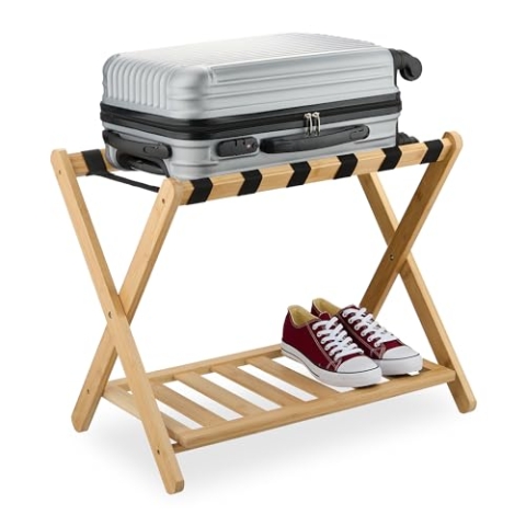 Relaxdays Kofferständer, klappbar, Bambus, HBT: 56 x 68,5 x 41,5 cm, Gepäckständer mit Ablage, Kofferablage Hotel, Natur