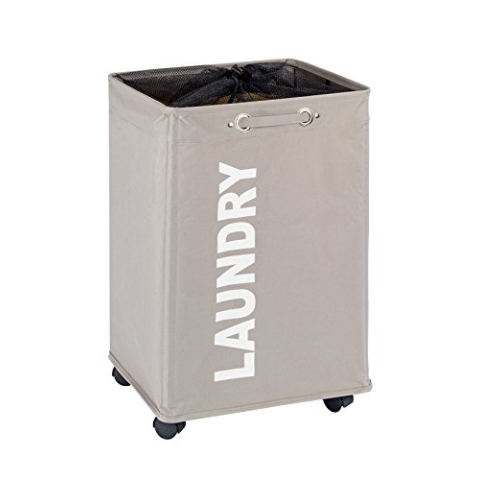 WENKO Wäschesammler Quadro Taupe, Stabiler Wäschekorb, Wäschetonne mit Rollen, Wäschetruhe mit Griff, 100% Polyester, Fassungsvermögen 79 L, 140 x 60 x 33 cm
