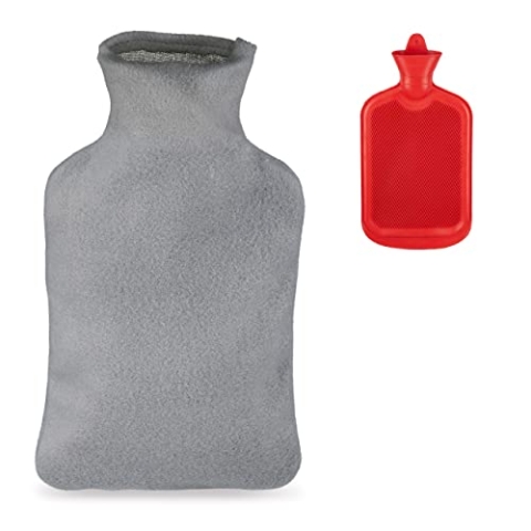 Relaxdays 10 x Wärmflasche mit Bezug, Flauschige Kuschelwärmeflasche, 1,5 Liter Bettflasche, geruchsneutraler Naturgummi, grau/rot