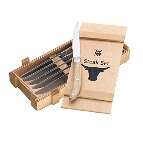 WMF Ranch Steakmesser Set 6-teilig, Spezialklingenstahl geschmiedet, Pizzamesser, Cromargan Edelstahl mattiert, Eichenholz geölt