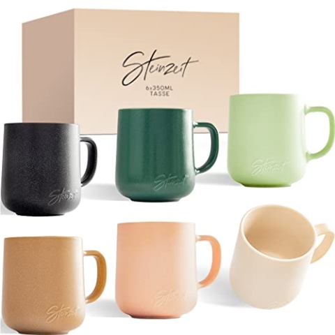 Steinzeit Design Kaffeetassen (6x350ml) - Kaffeebecher aus 100% Handfertigung - Tassen Set mit 6 einzigartigen Pastellfarben - Große Tasse 350ml für jedes Getränk geeignet