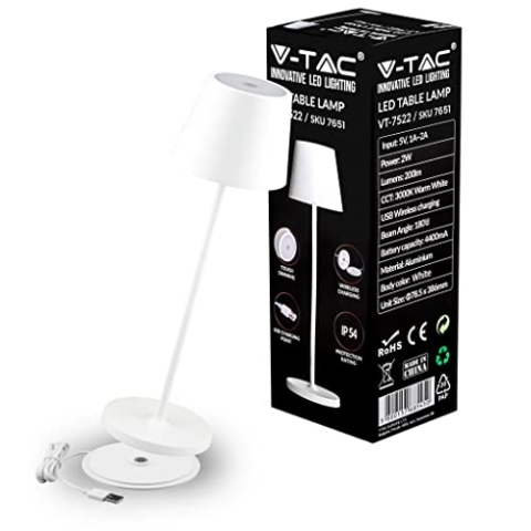 V-TAC Dimmbare LED-Tischlampe Kabellos mit Touch-Bedienung - Wiederaufladbar Weiß Lampe für den Innen und Draußen - Außenbereich IP54 - Hause Restaurant - 4400-mAh-Akku - Warmweiß 3000K - 2W, VT-7522