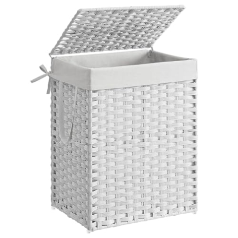 SONGMICS Wäschekorb, Wäschesammler 90 L, Wäschebox aus synthetischem Rattan, mit Deckel und Griffen, geflochten, faltbar, herausnehmbarer Wäschesack, wolkenweiß LCB51WT