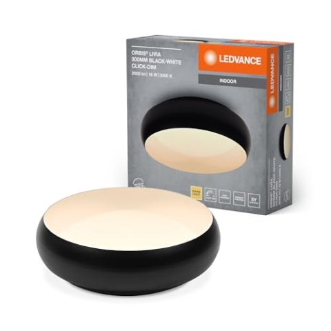 LEDVANCE ORBIS Livia LED-Deckenleuchte mit Metallring, schwarz-weiß, 16W, 1000lm, 3000K, 300mm, 830 freundliches Warmweiß, durch Klicken in 3-Stufen dimmbar, IP20, Montageschrauben und Dübel inklusive