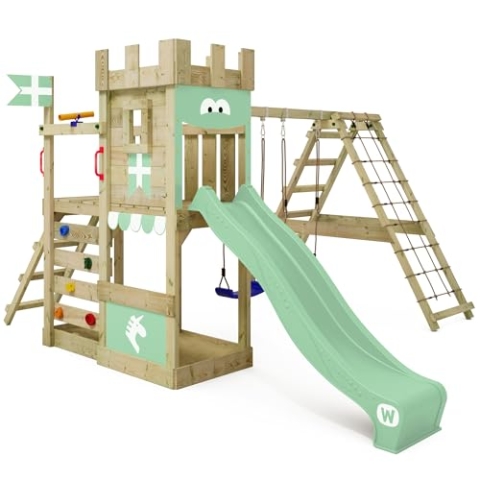 WICKEY Spielturm Ritterburg DragonFlyer mit Schaukel & pastellgrüner Rutsche, Outdoor Kinder Kletterturm mit Sandkasten, Leiter & Spiel-Zubehör für den Garten