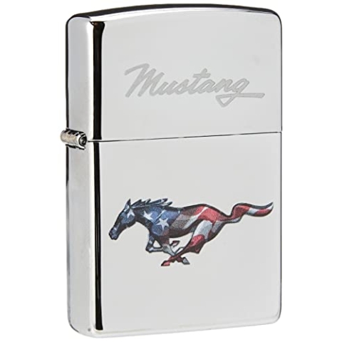 Zippo Winddichtes Feuerzeug – Mustang – Hochglanz-Chrom, Farbbild – nachfüllbar, lebenslange Nutzung – verstellbare Flamme – Geschenkbox – Metallkonstruktion
