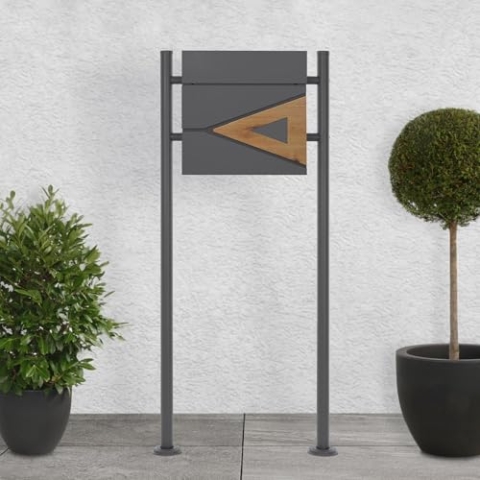 ECD Germany Standbriefkasten mit Zeitungsfach, Design Briefkasten mit Pfosten, Briefkastenanlage, Briefkastenständer Anthrazit 120cm Edelstahl pulverbeschichtet, Postkasten Anthrazit-Holzoptik Stahl