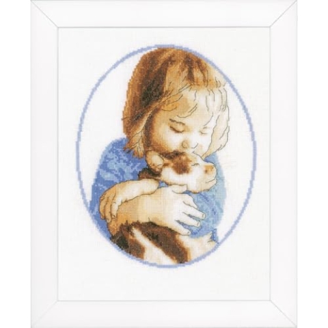 Vervaco Gezählter Kreuzstich Stickpackungen DIY Stickbilder Kuscheln mit der Katze Wanddekoration Handarbeit Set für Erwachsene Kreatives Handwerk ca. 21 x 26 cm Kreuzstichbilder Set Hausdeko