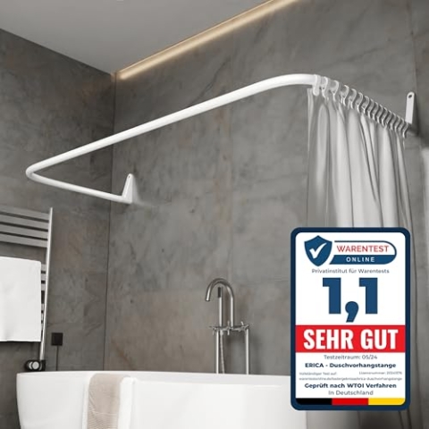 Erica Duschvorhangstange L-form & U-form - 4-in-1 Duschvorhangstange für Badewanne oder Dusche - Duschstange Ecke - Stahl mit Pulverbeschichtung - Ohne Deckenhalterung - Weiß